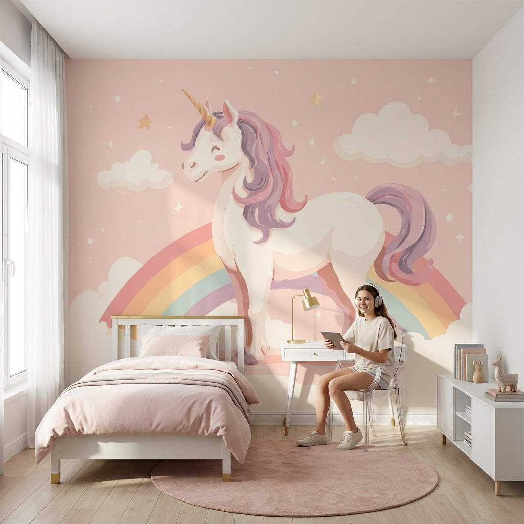 Gökkuşağı ve Unicorn Poster Duvar Kağıdı Pembe Çocuk Odası