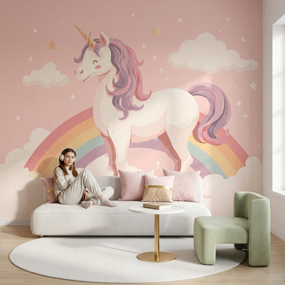 Gökkuşağı ve Unicorn Poster Duvar Kağıdı Pembe Çocuk Odası