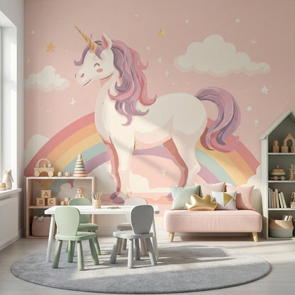 Gökkuşağı ve Unicorn Poster Duvar Kağıdı Pembe Çocuk Odası