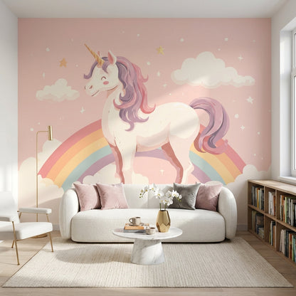 Gökkuşağı ve Unicorn Poster Duvar Kağıdı Pembe Çocuk Odası