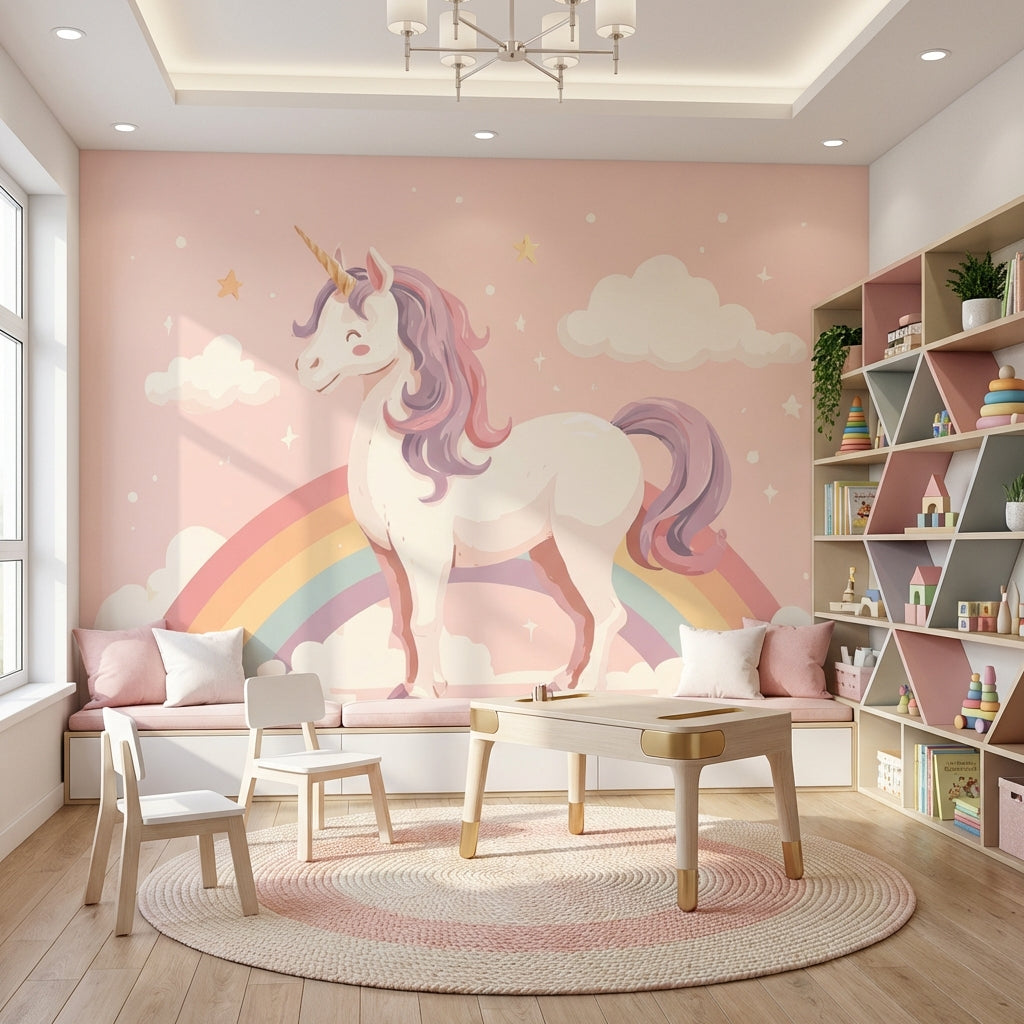 Gökkuşağı ve Unicorn Poster Duvar Kağıdı Pembe Çocuk Odası