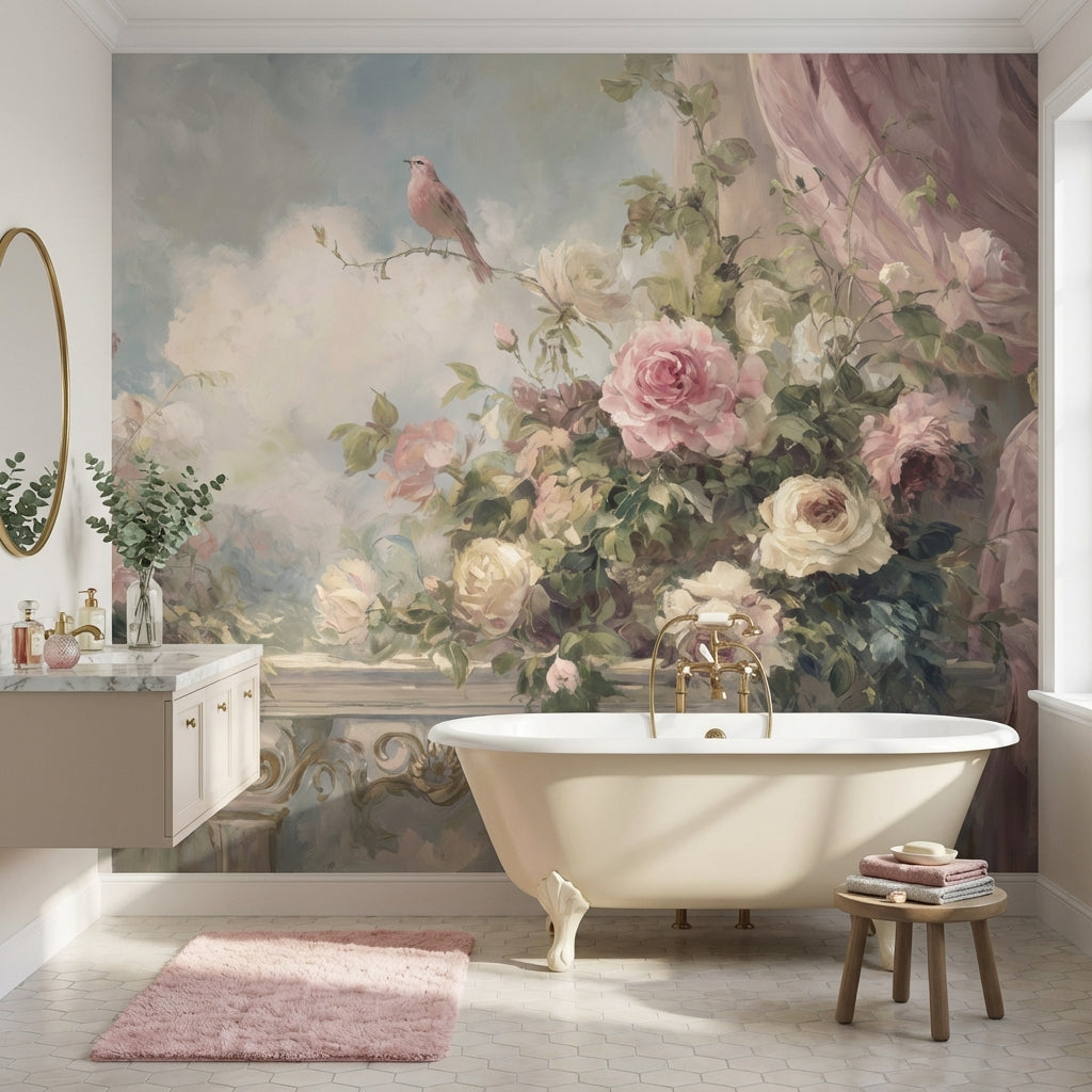 Romantik Güllü Kuşlu Poster Duvar Kağıdı Pudra Pembe Salon