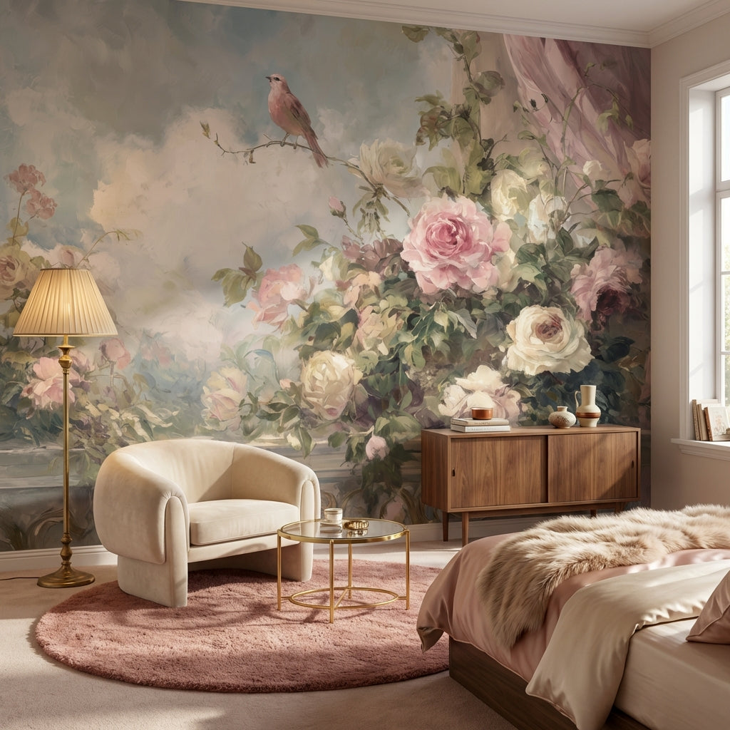 Romantik Güllü Kuşlu Poster Duvar Kağıdı Pudra Pembe Salon