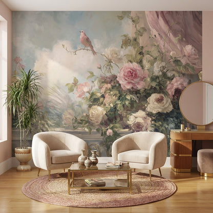 Romantik Güllü Kuşlu Poster Duvar Kağıdı Pudra Pembe Salon