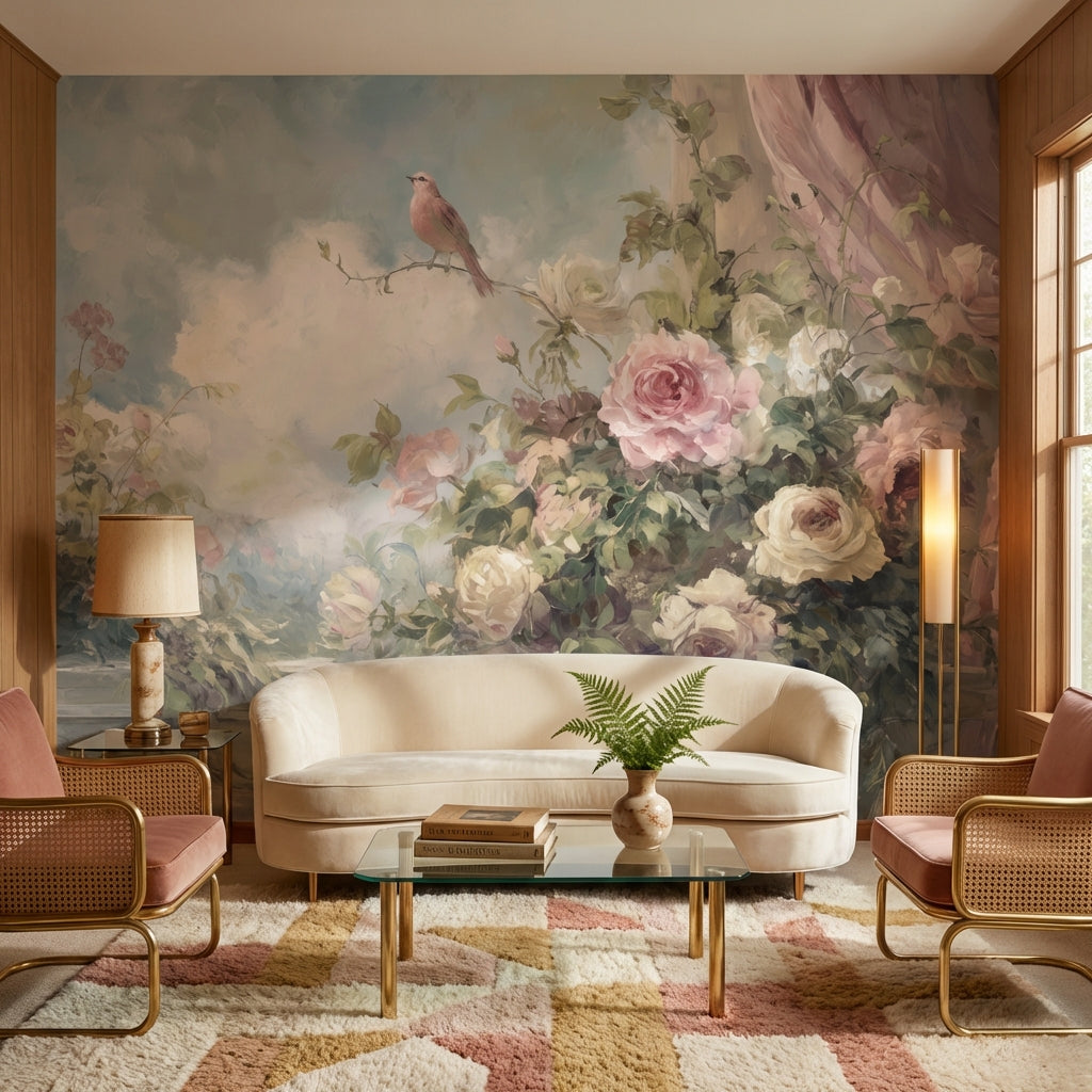 Romantik Güllü Kuşlu Poster Duvar Kağıdı Pudra Pembe Salon