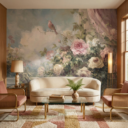 Romantik Güllü Kuşlu Poster Duvar Kağıdı Pudra Pembe Salon