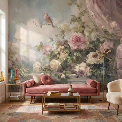 Romantik Güllü Kuşlu Poster Duvar Kağıdı Pudra Pembe Salon