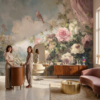 Romantik Güllü Kuşlu Poster Duvar Kağıdı Pudra Pembe Salon