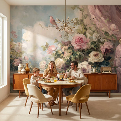 Romantik Güllü Kuşlu Poster Duvar Kağıdı Pudra Pembe Salon