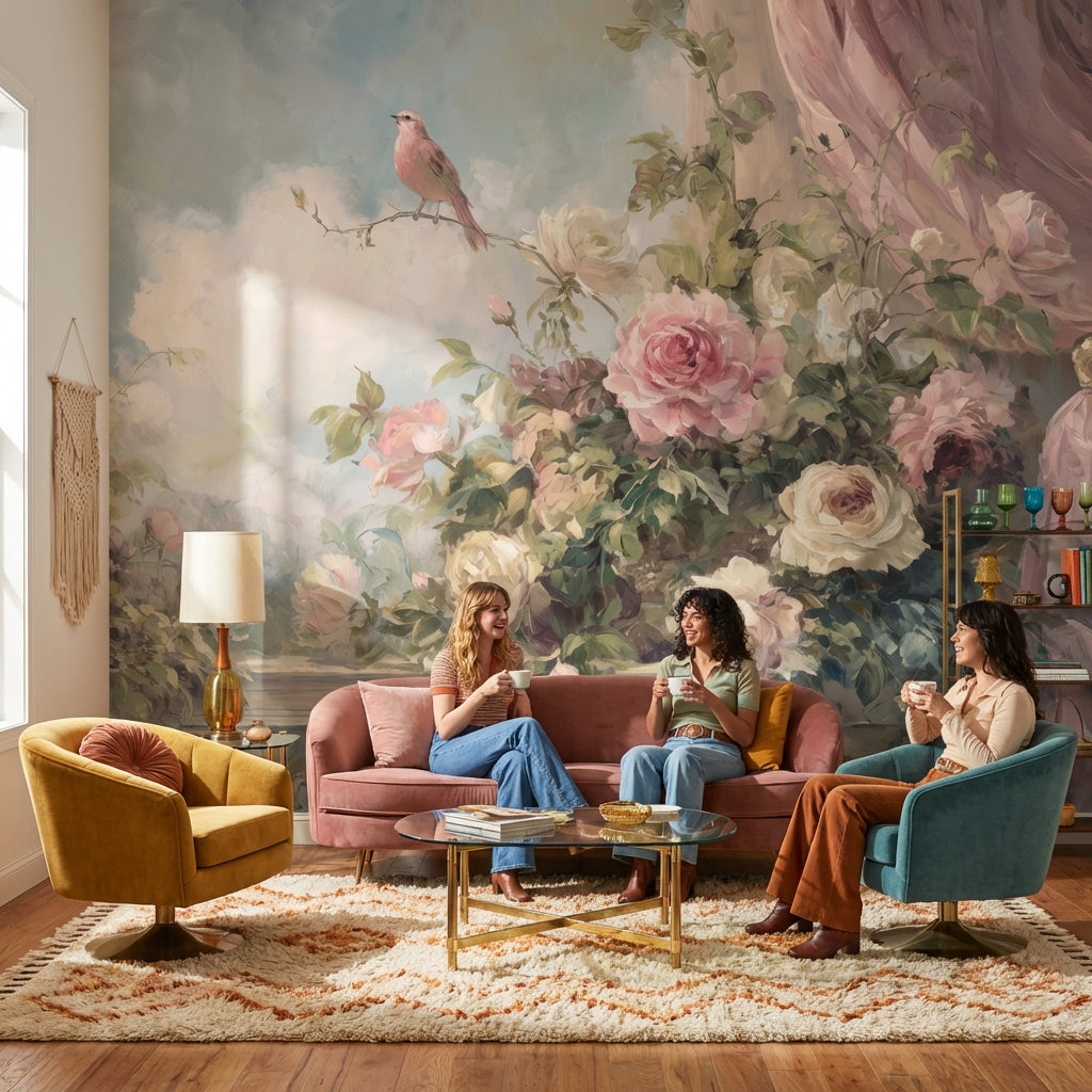 Romantik Güllü Kuşlu Poster Duvar Kağıdı Pudra Pembe Salon