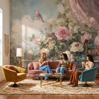 Romantik Güllü Kuşlu Poster Duvar Kağıdı Pudra Pembe Salon