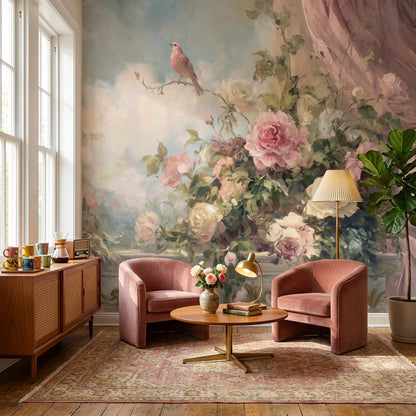 Romantik Güllü Kuşlu Poster Duvar Kağıdı Pudra Pembe Salon