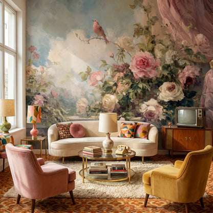 Romantik Güllü Kuşlu Poster Duvar Kağıdı Pudra Pembe Salon