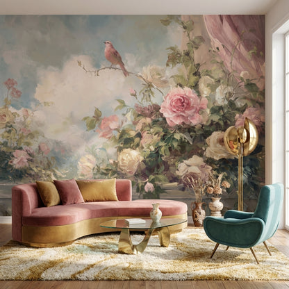 Romantik Güllü Kuşlu Poster Duvar Kağıdı Pudra Pembe Salon