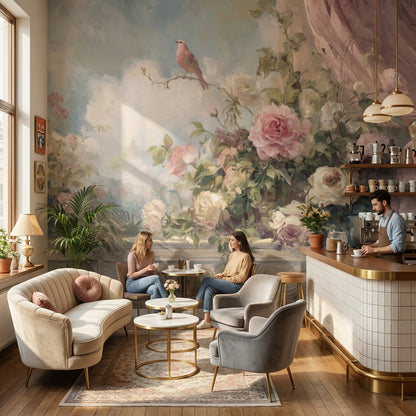 Romantik Güllü Kuşlu Poster Duvar Kağıdı Pudra Pembe Salon