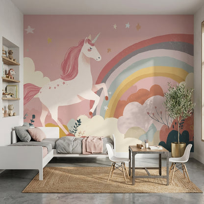 Unicorn Gökkuşağı Poster Duvar Kağıdı Pembe Çocuk Odası