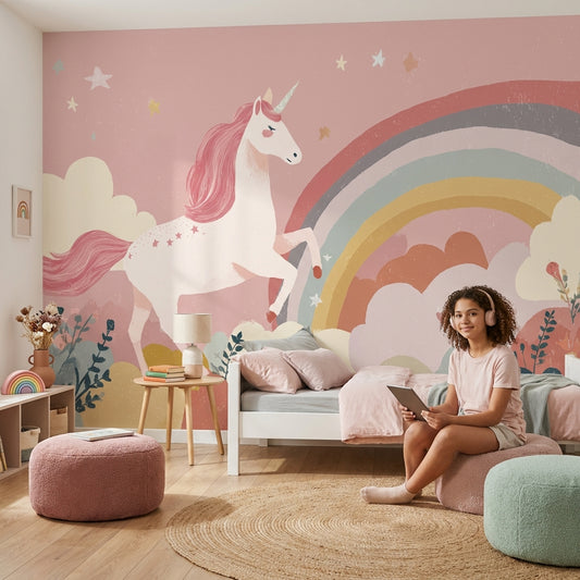 Unicorn Gökkuşağı Poster Duvar Kağıdı Pembe Çocuk Odası