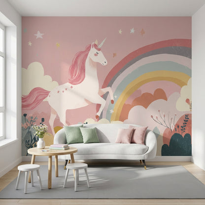 Unicorn Gökkuşağı Poster Duvar Kağıdı Pembe Çocuk Odası