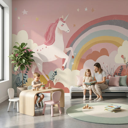 Unicorn Gökkuşağı Poster Duvar Kağıdı Pembe Çocuk Odası