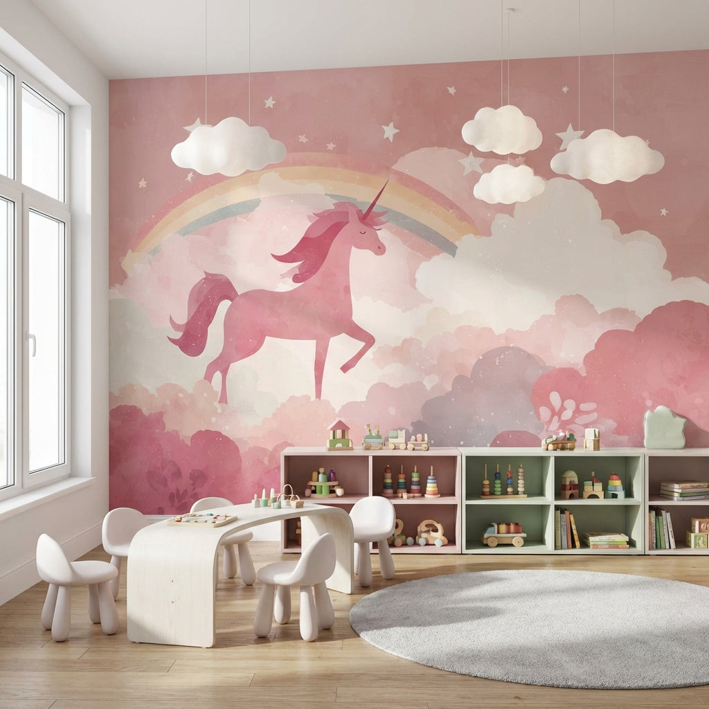 Gökkuşaklı Unicorn Poster Duvar Kağıdı Pembe Çocuk Odası