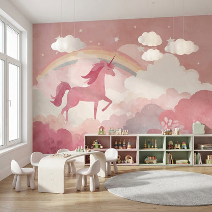 Gökkuşaklı Unicorn Poster Duvar Kağıdı Pembe Çocuk Odası