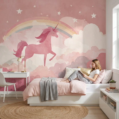 Gökkuşaklı Unicorn Poster Duvar Kağıdı Pembe Çocuk Odası