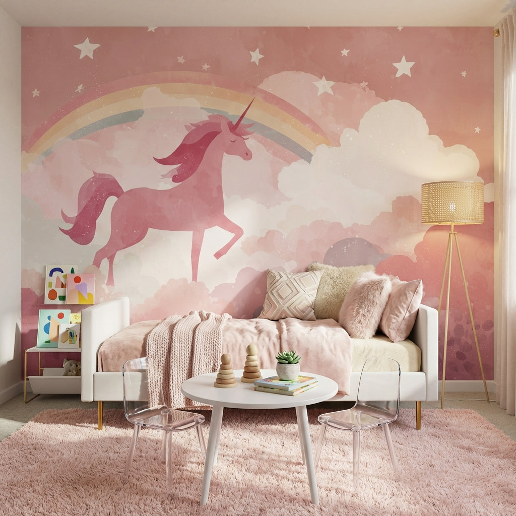 Gökkuşaklı Unicorn Poster Duvar Kağıdı Pembe Çocuk Odası