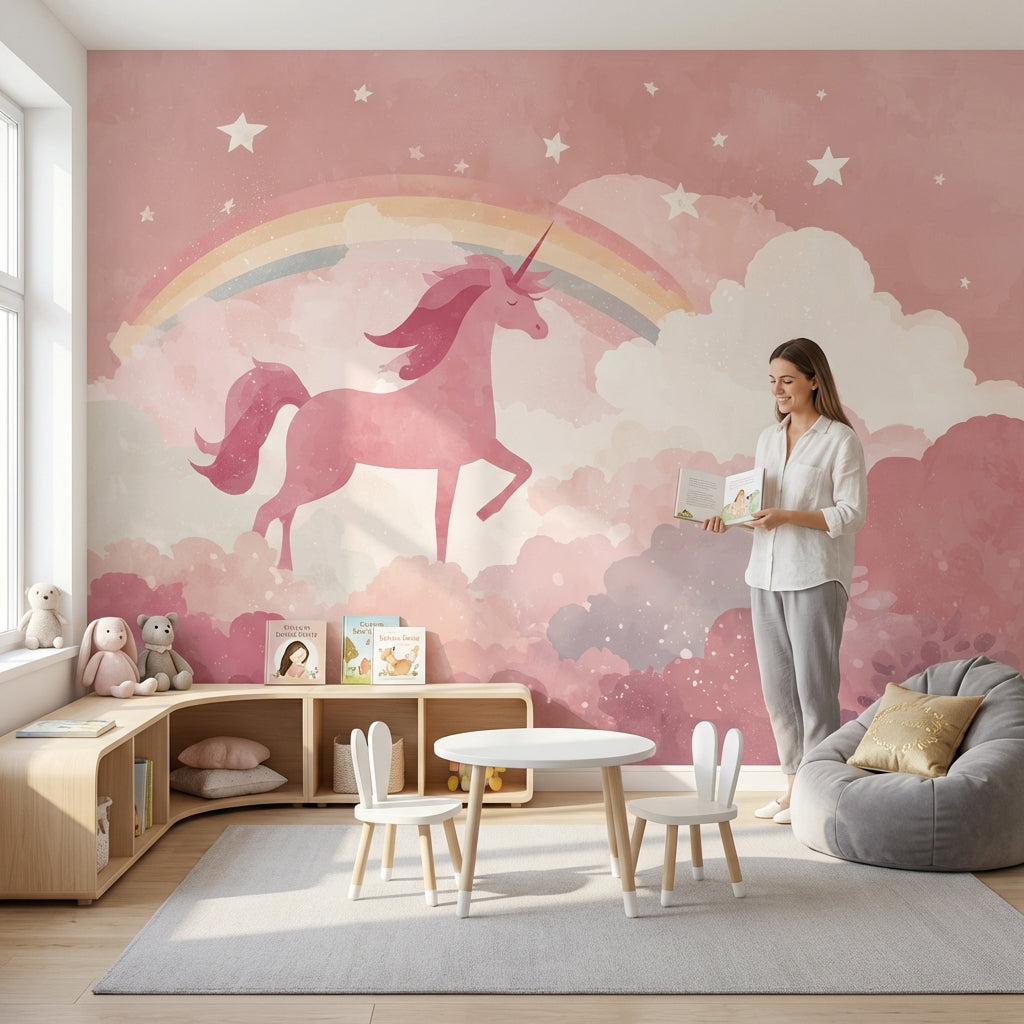 Gökkuşaklı Unicorn Poster Duvar Kağıdı Pembe Çocuk Odası