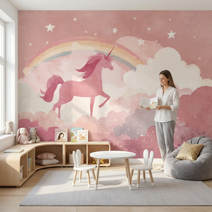 Gökkuşaklı Unicorn Poster Duvar Kağıdı Pembe Çocuk Odası
