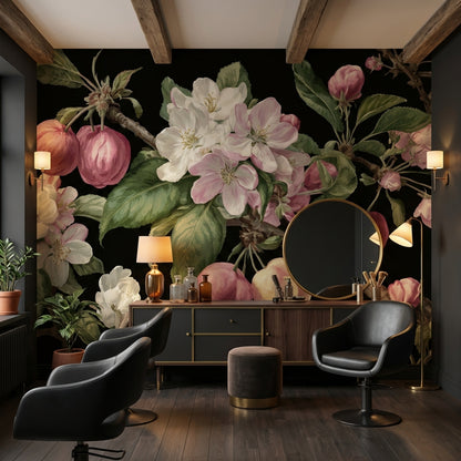 Siyah Zeminli Elma Çiçekli Poster Duvar Kağıdı Salon