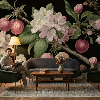 Siyah Zeminli Elma Çiçekli Poster Duvar Kağıdı Salon