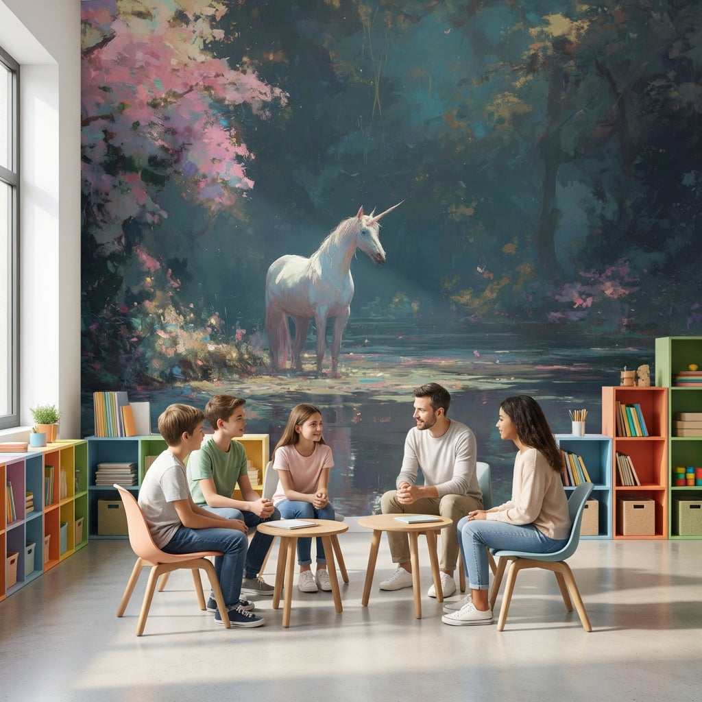 Tekboynuzlu Orman Manzarası Poster Duvar Kağıdı Koyu Renk Salon