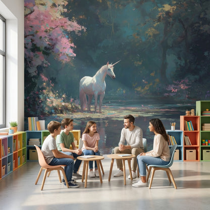 Tekboynuzlu Orman Manzarası Poster Duvar Kağıdı Koyu Renk Salon