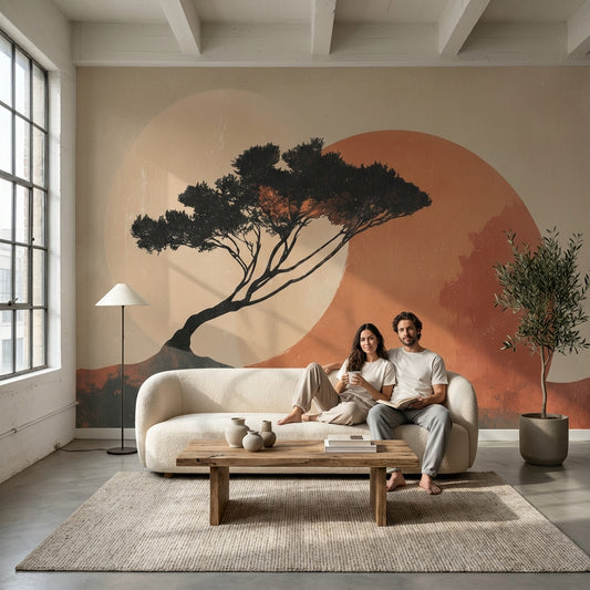 Gün Batımı Ağaç Siluetli Poster Duvar Kağıdı Modern Salon