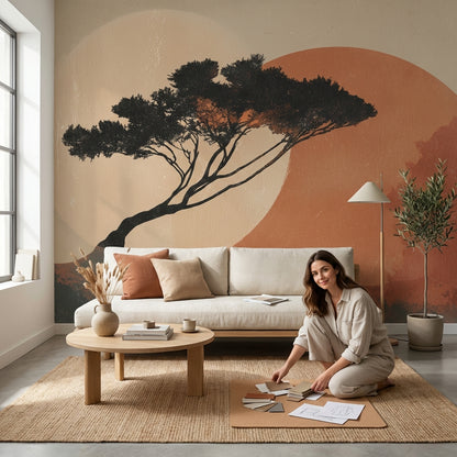 Gün Batımı Ağaç Siluetli Poster Duvar Kağıdı Modern Salon
