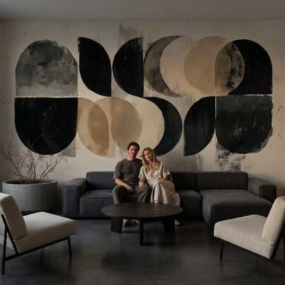 Soyut Geometrik Poster Duvar Kağıdı Siyah Bej Modern Ofis
