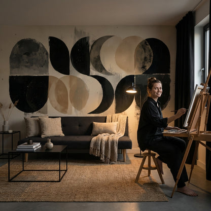 Soyut Geometrik Poster Duvar Kağıdı Siyah Bej Modern Ofis