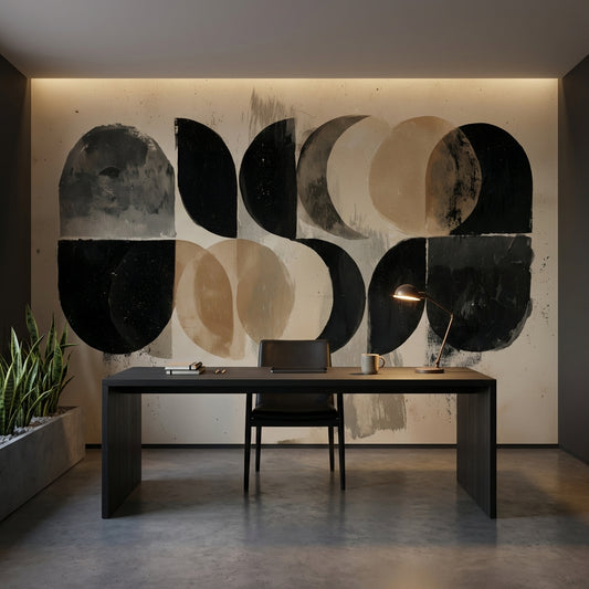 Soyut Geometrik Poster Duvar Kağıdı Siyah Bej Modern Ofis