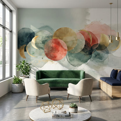 Soyut Daire Desenli Poster Duvar Kağıdı Yeşil Kırmızı Salon