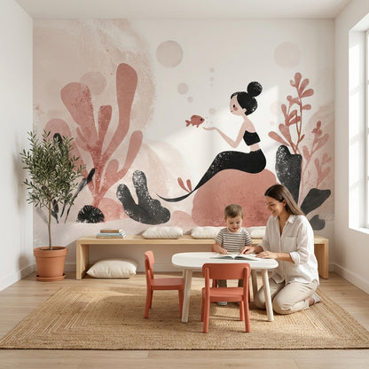 Minimal Kız İllüstrasyonlu Poster Duvar Kağıdı Pudra Tonlu Yatak Odası