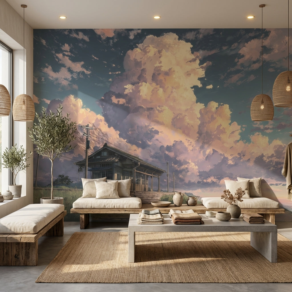 Bulutlu Gökyüzü Poster Duvar Kağıdı Pastel Gün Batımı Manzarası