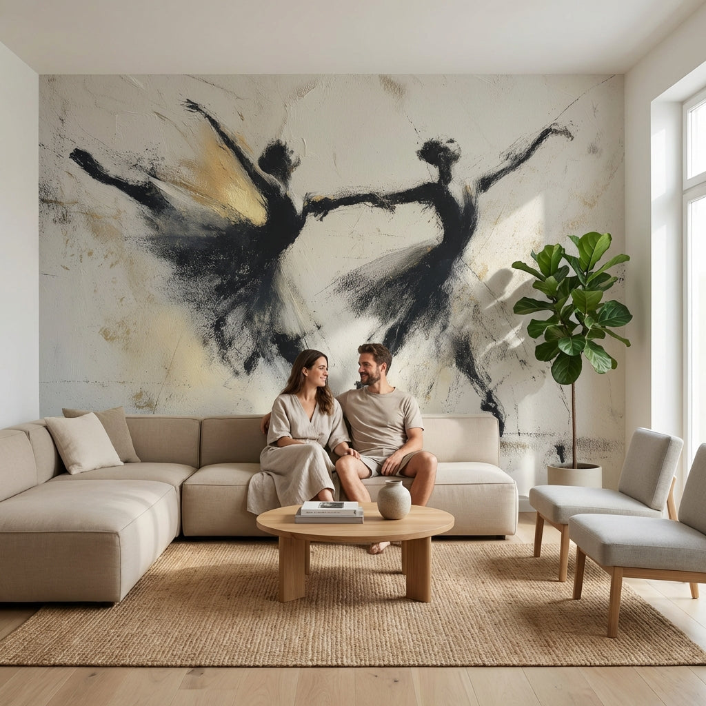 Soyut Dansçı Silüet Poster Duvar Kağıdı Siyah Bej Salon