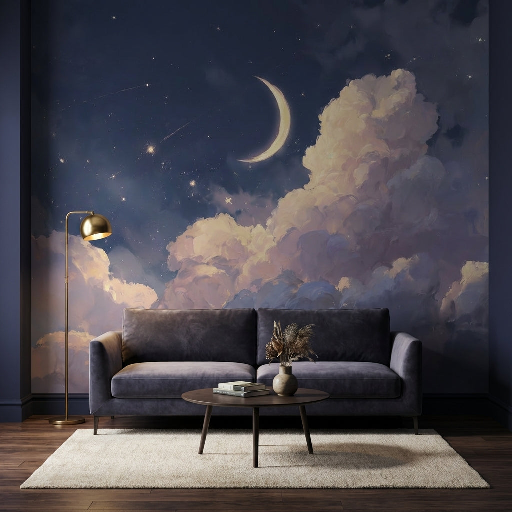Bulutlu Gece Gökyüzü Poster Duvar Kağıdı Lacivert Salon