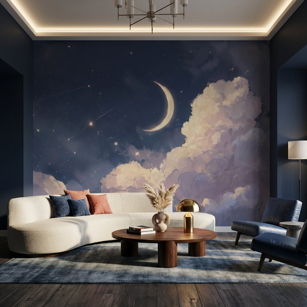 Bulutlu Gece Gökyüzü Poster Duvar Kağıdı Lacivert Salon
