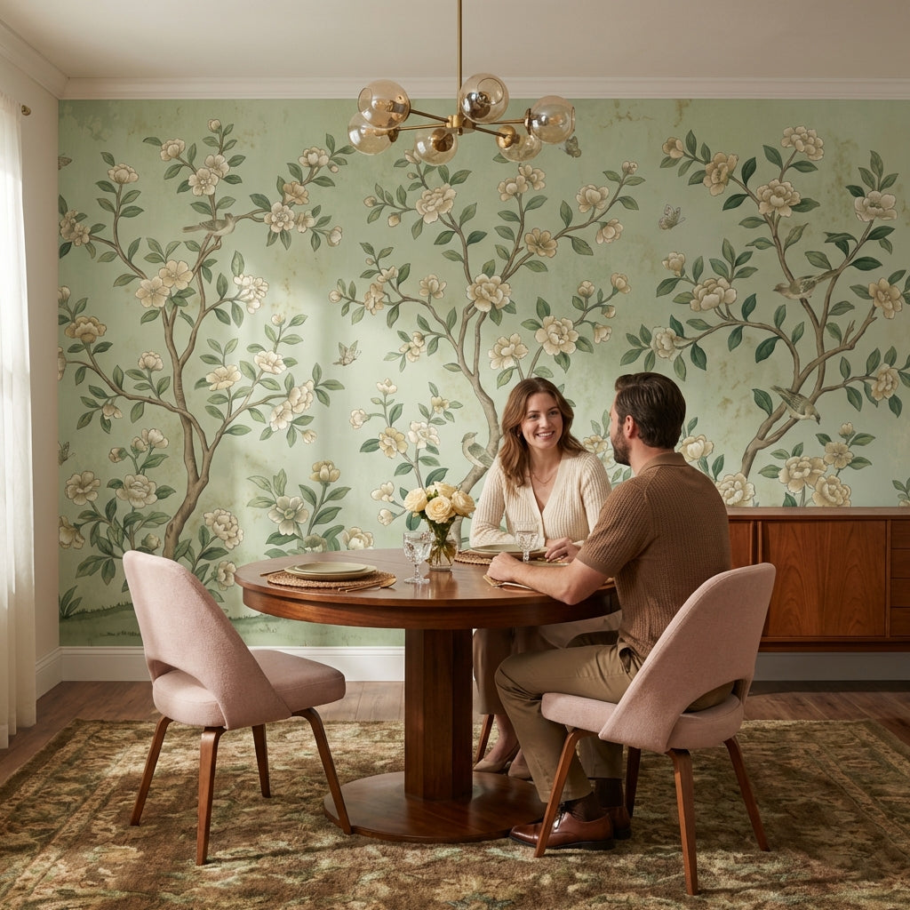 Kuşlu Çiçek Dallı Poster Duvar Kağıdı Adaçayı Yeşili Salon