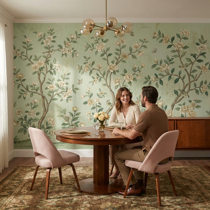 Kuşlu Çiçek Dallı Poster Duvar Kağıdı Adaçayı Yeşili Salon