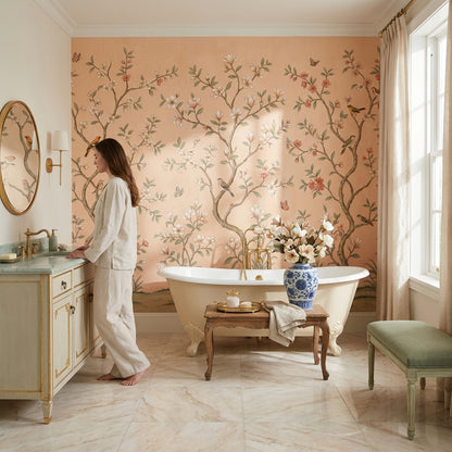 Çiçekli Kuşlu Poster Duvar Kağıdı Pudra Pembe Salon Duvarı