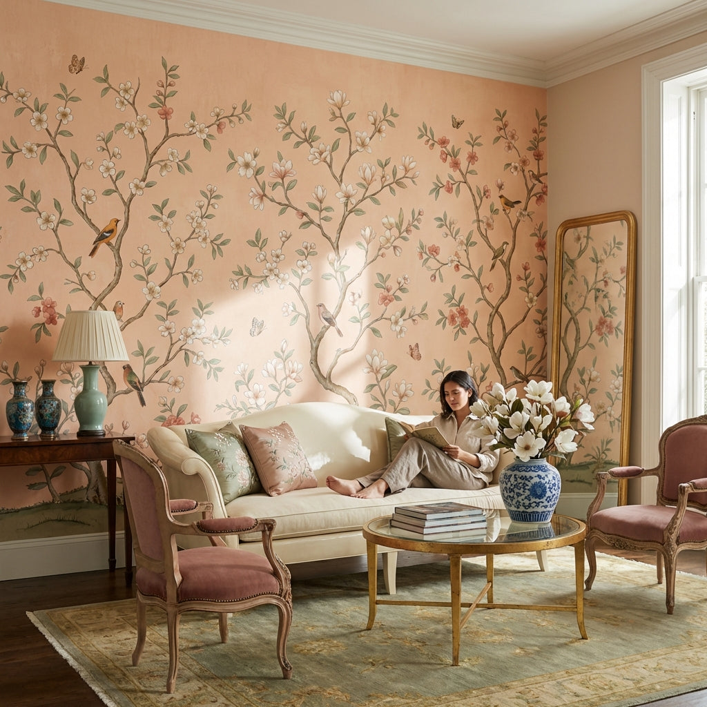 Çiçekli Kuşlu Poster Duvar Kağıdı Pudra Pembe Salon Duvarı