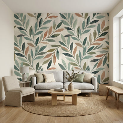 Yaprak Desenli Poster Duvar Kağıdı Yeşil Bej Salon