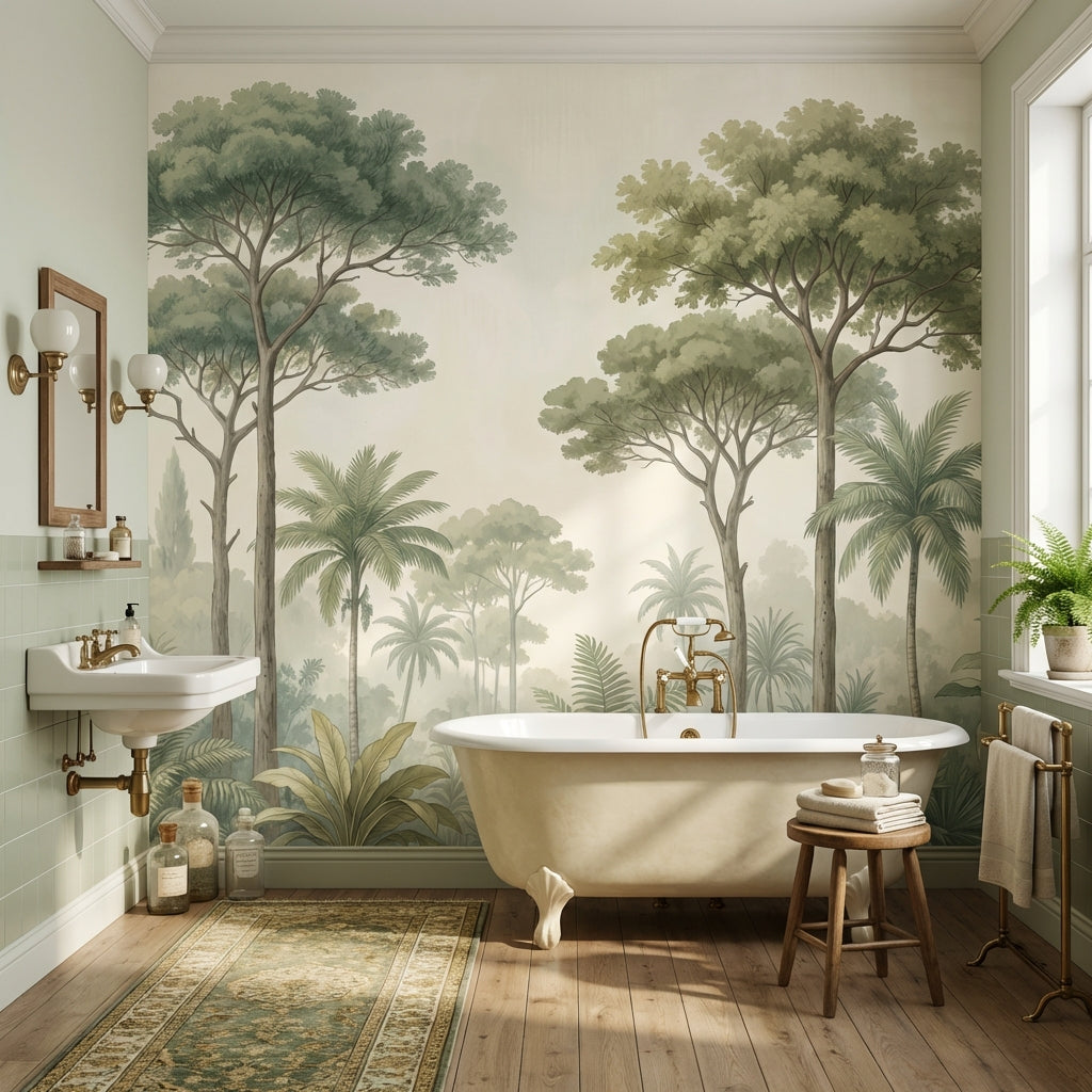 Tropikal Orman Manzaralı Poster Duvar Kağıdı Yeşil Banyo Dekoru